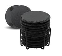 VIBRATITE Lot de 12 dessous de verre ronds en ardoise avec support en métal de 10,2 cm en pierre noire avec fond anti-rayures pour boisson, café, bar, cuisine, décoration d'intérieur, gravure, rond