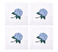 VICASKY 4 Pièces Serviette Cocktail Brodée Main Motif Hortensia Réutilisable en Tissu Carré Portable Blanc et Bleu pour Anniversaire et Réception