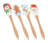 VICASKY 4 Pièces Spatule à Gâteau en Silicone avec Manche en Bois, Outil de Grattage et Mélange pour Pâtisserie, Décoration de Desserts de Noël