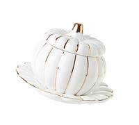 VICASKY Bol en céramique blanche en forme de citrouille - Bol à soupe avec couvercle pour de délicieux ragoûts et soupes - Idéal pour les fêtes d'Halloween et de Thanksgiving - 10 cm x 10 cm x 8 5 cm