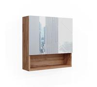 Vicco Armoire de Toilette Irma, Blanc Brillant/Chêne doré, 54x55cm, à Monter au Mur avec Miroir et étagères Ouvertes