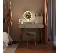Vicco Coiffeuse Edda, Blanc 100 cm | ✓ Miroir LED · ✓ Tabouret · 2 Tiroirs · Sur pied · Pieds décoratifs en bois