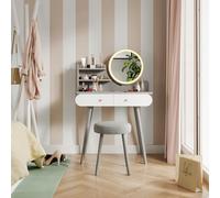 Vicco Coiffeuse Edda, Gris 80 cm | ✓ Miroir LED · ✓ Tabouret · 2 Tiroirs · Sur pied · Pieds décoratifs en bois
