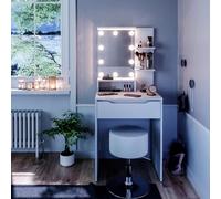 Vicco Coiffeuse "Ruben", Blanc 60 cm | ✓ Miroir avec guirlande LED · ✓ Tabouret · 1 Tiroir · Sur pied · avec compartiments de rangement