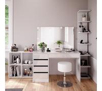 Vicco Coiffeuse Sherry, Blanc, 5 pièces, avec étagère de Rangement, étagère sur Pied, Miroir, Tabouret, LED, Convient à Une Utilisation Quotidienne avec châssis Stable