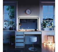 Vicco Coiffeuse Sherry, Blanc/Sonoma, 120cm | avec miroir LED et tabouret, avec éclairage LED et tabouret rembourré