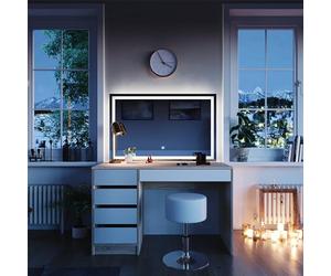 Vicco Coiffeuse Sherry, Blanc/Sonoma, 120cm | avec miroir LED et tabouret, avec éclairage LED et tabouret rembourré