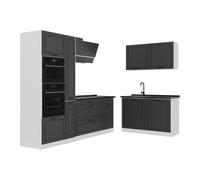 Vicco Cuisine en angle "R-Line", Anthracite campagne/Blanc 230 x 120 cm | 8 Modules · Pieds réglables en hauteur · Plan de travail in açades en MDF · Avec armoire four/micro-ondes