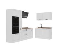 Vicco Cuisine en angle "R-Line", Blanc campagne/Blanc 230 x 120 cm | 8 Modules · Pieds réglables en hauteur · Sans plan de travail · Façades en MDF · Avec armoire four/micro-ondes