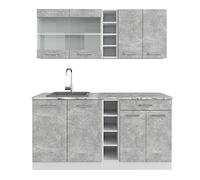 Vicco Cuisine R-Line, Béton/Blanc, 160cm | 6 Modules · Pieds réglables en hauteur · Sans plan de travail · Façades robustes · Avec étagères ouvertes