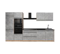 Vicco Cuisine "R-Line", Béton/Chêne doré 340 cm | 7 Modules · Pieds réglables en hauteur · Plan de travail in açades robustes · Avec armoire four/micro-ondes