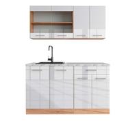 Vicco Cuisine R-Line, Blanc Brillant/Chêne doré, 140cm, PT Marbre, adapté à Une Installation autoportante ou près du Mur