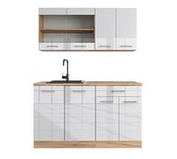Vicco Cuisine R-Line, Blanc Brillant/Chêne doré, 140cm sans PT, adapté à Une Installation autoportante ou près du Mur