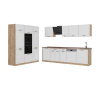 Vicco Cuisine "R-Line", Blanc campagne/Chêne doré 180 cm | 12 Modules · Pieds réglables en hauteur · Plan de travail in açades en MDF · Avec armoire four/micro-ondes