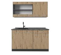 Vicco Cuisine R-Line, Chêne Artisan, 140cm | 4 Modules · Pieds réglables en hauteur · Sans plan de travail · Façades robustes · Avec armoire vitrée