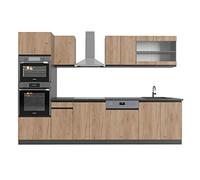 Vicco Cuisine R-Line, Chêne doré/Anthracite, 300cm J-Shape, avec Armoire Haute, sans PT, adapté à Une Extension Flexible avec des modules complémentaires