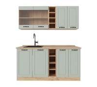 Vicco Cuisine "R-Line", Mint campagne/Chêne doré 160 cm | 6 Modules · Pieds réglables en hauteur · Plan de travail in açades en MDF · Avec étagères ouvertes