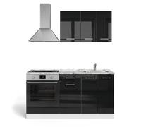 Vicco Cuisine R-Line, Noir Brillant/Blanc, 160cm avec Meuble Four encastrable sans PT, préparé pour l’intégration d’appareils électroménagers et d’Un évier