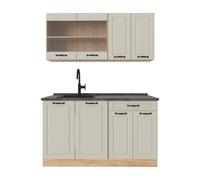 Vicco Cuisine "R-Line", Sable campagne/Chêne doré 140 cm | 4 Modules · Pieds réglables en hauteur · Sans plan de travail · Façades en MDF · Avec armoire vitrée