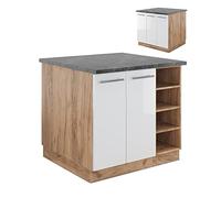Vicco Îlot de Cuisine Fame-Line, Blanc Brillant/Chêne doré, 90cm | Façade en MDF · 6 Tablettes · Pieds réglables en hauteur · Poignées en métal · Fermeture douce