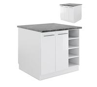 Vicco Îlot de cuisine "Fame-Line", Blanc Haute brillance/Blanc 90 cm | Façade en MDF · 6 Tablettes · Pieds réglables en hauteur · Poignées en métal · Fermeture douce