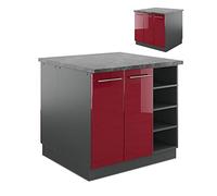 Vicco Îlot de Cuisine Fame-Line, Bordeaux Brillant/Anthracite, 90cm | Façade en MDF · 6 Tablettes · Pieds réglables en hauteur · Poignées en métal · Fermeture douce