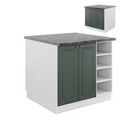 Vicco Îlot de cuisine "Fame-Line", Vert Or Campagne/Blanc 90 cm | Façade en MDF · 6 Tablettes · Pieds réglables en hauteur · Poignées en métal · Fermeture douce