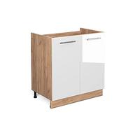 Vicco Meuble Bas sous-évier Fame-Line, Blanc Haute Brillance, 80cm | Façade en MDF · Sans plan de travail · Pieds réglables en hauteur · Poignées en métal · Fermeture douce