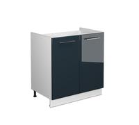 Vicco Meuble bas sous-évier "Fame-Line", Bleu foncé brillant/Blanc 80 cm | Façade en MDF · Sans plan de travail · Pieds réglables en hauteur · Poignées en métal · Fermeture douce