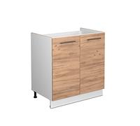 Vicco Meuble bas sous-évier "Fame-Line", Chêne doré/Blanc 80 cm | 2 Portes · Sans plan de travail · Pieds réglables en hauteur · Poignées en métal · Fermeture douce