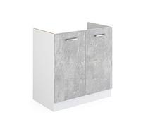 Vicco Meuble bas sous-évier "R-Line", Béton/Blanc 80 cm | 2 Portes · Sans plan de travail · Pieds réglables en hauteur · Grand espace intérieur ✓ · Librement combinable