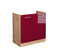 Vicco Meuble bas sous-évier "R-Line", Rouge brillant/Chêne doré 80 cm | 2 Portes · Sans plan de travail · Pieds réglables en hauteur · Grand espace intérieur ✓ · Librement combinable