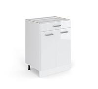 Vicco Meuble bas universel "R-Line", Blanc Haute brillance 60 cm | avec tiroirs, sans PT, adapté au rangement peu encombrant dans les cuisines équipées