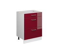 Vicco Meuble bas universel "R-Line", Rouge bordeaux Haute brillance 60 cm | avec tiroirs, sans PT, convient pour le rangement des accessoires de nettoyage et d’entretien ménager