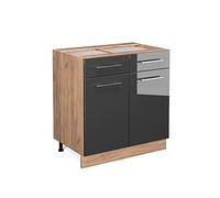 Vicco Meuble Cuisine Fame-Line, Anthracite Haute Brillance/Chêne doré 80 cm | Façade en MDF · Sans plan de travail · Pieds réglables en hauteur · Poignées en métal · Fermeture douce