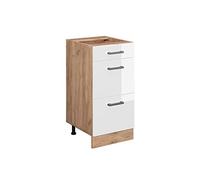 Vicco Meuble Cuisine R-Line, Blanc Haute Brillance, 40cm | 3 Tiroirs · Sans plan de travail · Pieds réglables en hauteur · ✓ Accès facile · Librement combinable