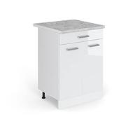 Vicco Meuble Cuisine R-Line, Blanc Haute Brillance, 60cm | 1 Tiroir · Plan de travail incl. · Pieds réglables en hauteur · 2 Portes · ✓ Accès facile