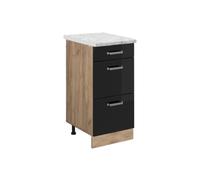 Vicco Meuble Cuisine R-Line, Noir Haute Brillance, 40cm | 3 Tiroirs · Plan de travail incl. · Pieds réglables en hauteur · ✓ Accès facile · Librement combinable