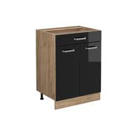 Meuble cuisine R-Line, 60cm avec tiroir, sans PT, Noir Haute brillance/Chêne de force doré, Vicco 41096