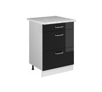 Vicco Meuble Cuisine R-Line, Noir Haute Brillance, 60cm | 3 Tiroirs · Plan de travail incl. · Pieds réglables en hauteur · ✓ Accès facile · Librement combinable