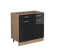 Vicco Meuble Cuisine R-Line, Noir Haute Brillance, 80cm | 2 Tiroirs · Sans plan de travail · Pieds réglables en hauteur · 2 Portes · ✓ Accès facile