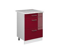Vicco Meuble Cuisine R-Line, Rouge Brillant, 60cm | 3 Tiroirs · Plan de travail incl. · Pieds réglables en hauteur · ✓ Accès facile · Librement combinable