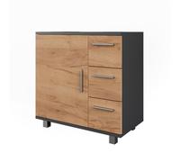 Vicco Meuble sous Vasque Ilias, Anthracite/chêne doré, 60x60.8cm | avec porte et 3 tiroirs, avec découpe pour siphon pour installation sur lavabo