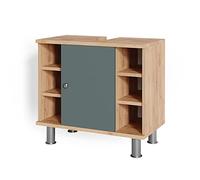 Vicco Meuble sous Vasque Simple Fynn, Vert/Force de l'or Chêne, 60x54cm, avec découpe pour Siphon et étagères Ouvertes