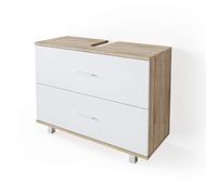 Vicco Meuble sous Vasque Simple Ilias, Blanc/Sonoma, 80x60.8cm, avec découpe pour Siphon et Ouvertures d’aération latérales