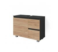 Vicco Meuble sous Vasque Simple J-Shape, Anthracite/Chêne doré 80 x 60.8 cm | 2 Tiroirs · 1 Porte · Découpe pour siphon · Pour produits de soin & accessoires de salle de bains · Rangement généreux