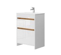 Meubles bain Detmold, 2 pièces, armoire basse 60 cm, Blanc Haute brillance/Chêne de force doré, Vicco 40059