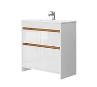 Meubles bain Detmold, 2 pièces, armoire basse 80 cm, Blanc Haute brillance/Chêne de force doré, Vicco 40060