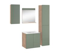 Vicco Meubles Bain Izan, Chêne doré/Vert 60 cm | 5 pièces · Meuble sous-vasque · Miroir · Armoire haute · Lavabo · Meuble suspendu