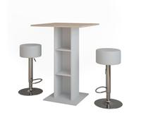 Vicco Set de Table de Bar Repose, Blanc/Sonoma, 75x75cm | avec 2 tabourets de bar, pour une utilisation comme table haute avec étagères intérieures réglables en hauteur